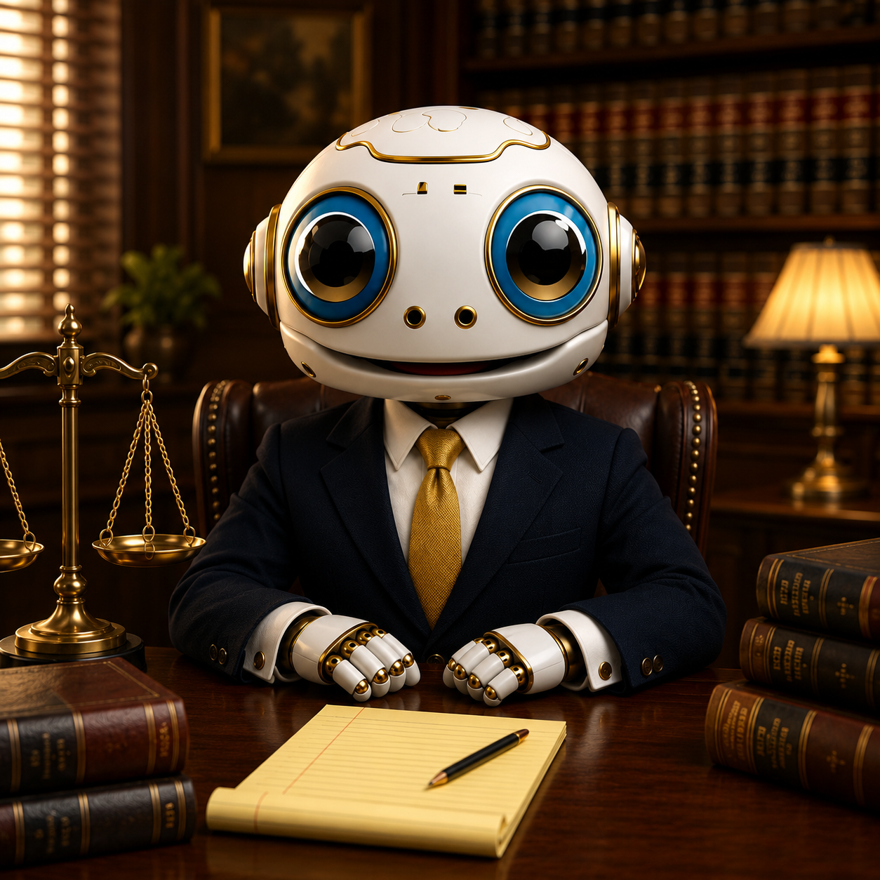 LPS Lawyer Robot — seated at desk with scales of justice and law books