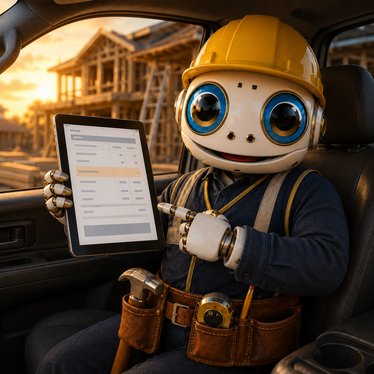 Contractor reviewing estimate on tablet from the truck between jobs