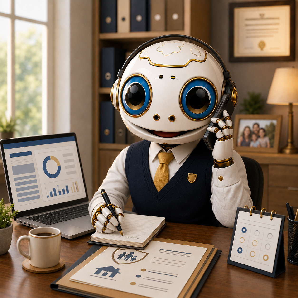 Insurance Agent Robot taking a call with headset and natural Spanish notes