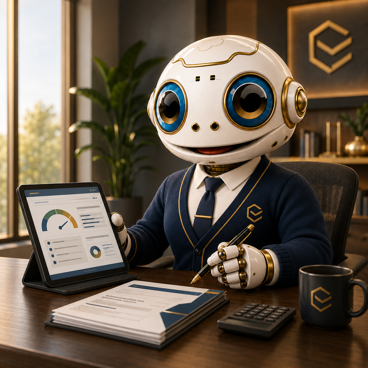 LPS Credit & Funding Robot — sitting in a finance office reviewing a credit-report dashboard on a tablet